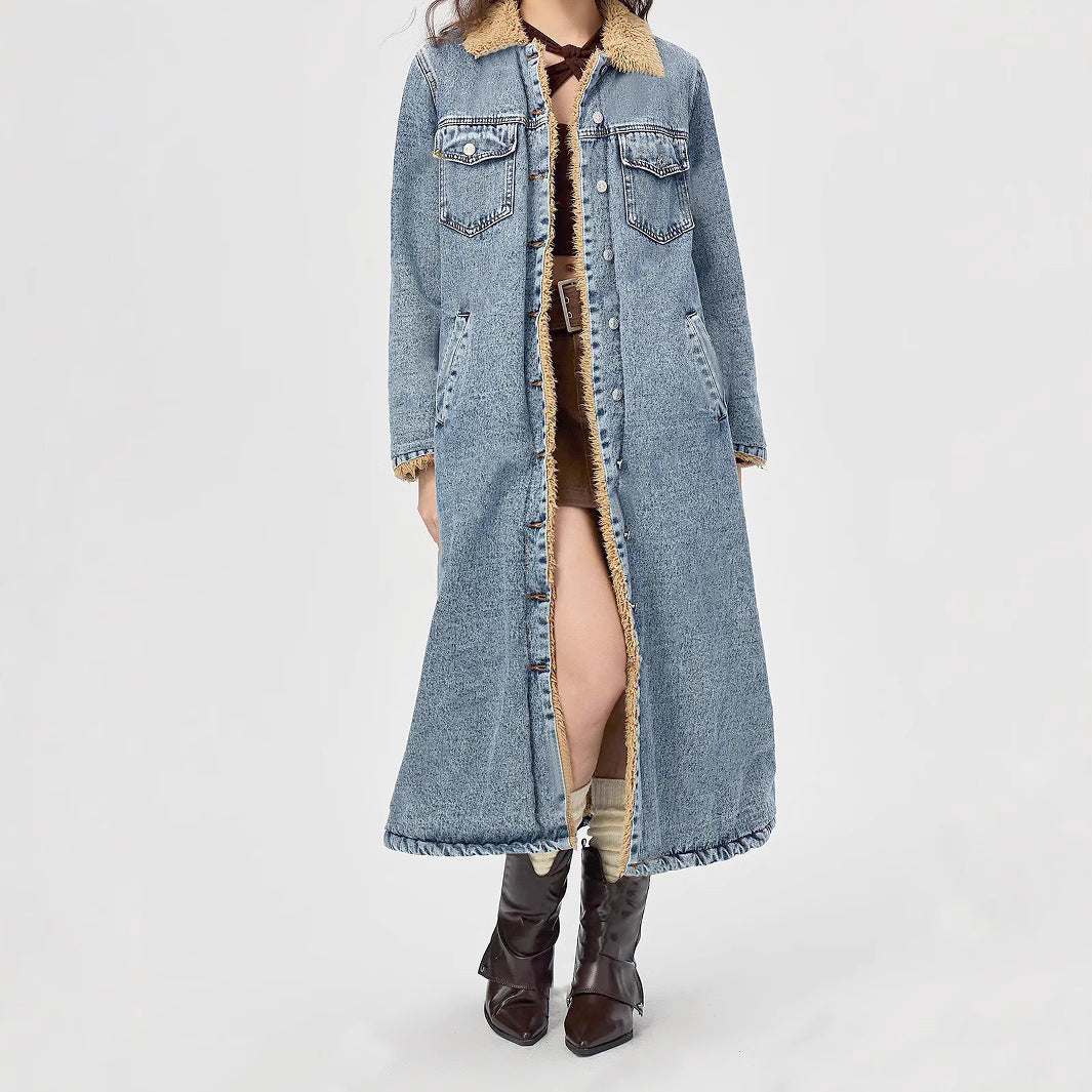 Loose Long Velvet Denim Coat
