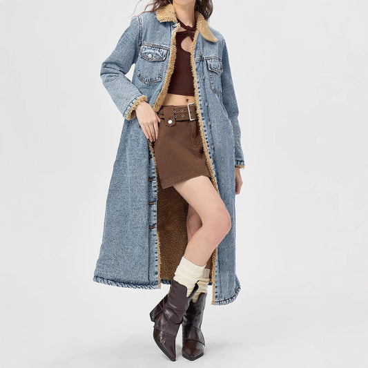 Loose Long Velvet Denim Coat