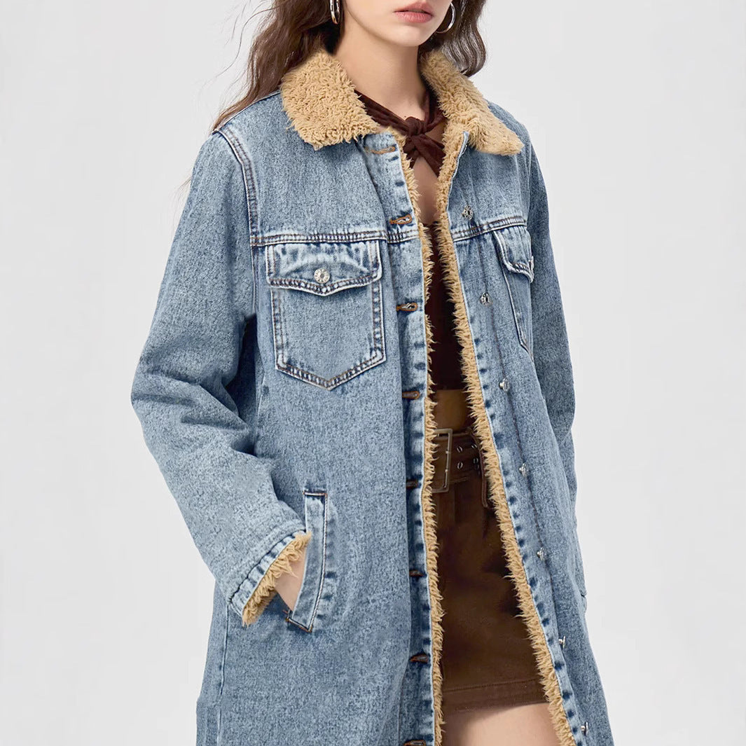 Loose Long Velvet Denim Coat