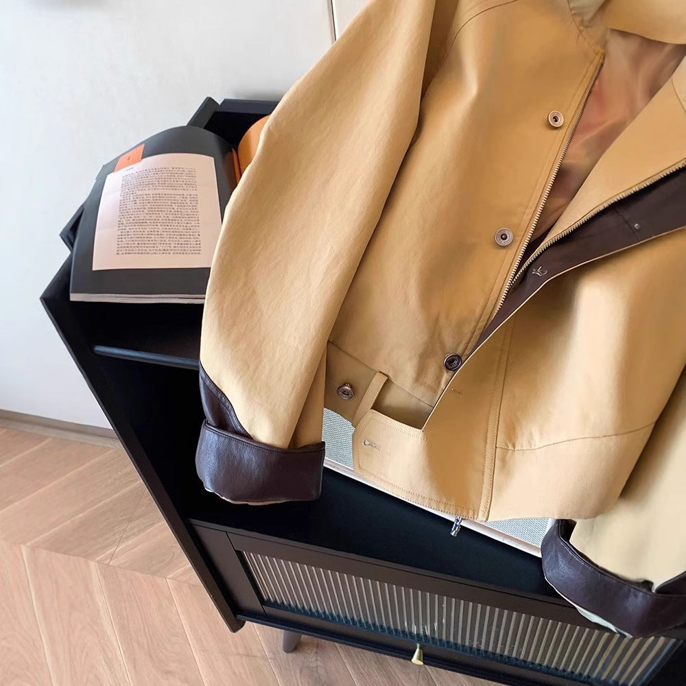 Leather Patchwork Stand Collar Jacket