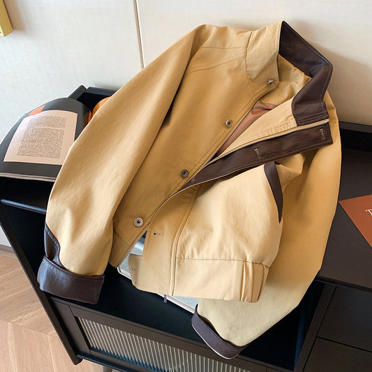 Leather Patchwork Stand Collar Jacket