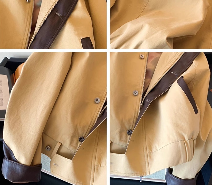 Leather Patchwork Stand Collar Jacket
