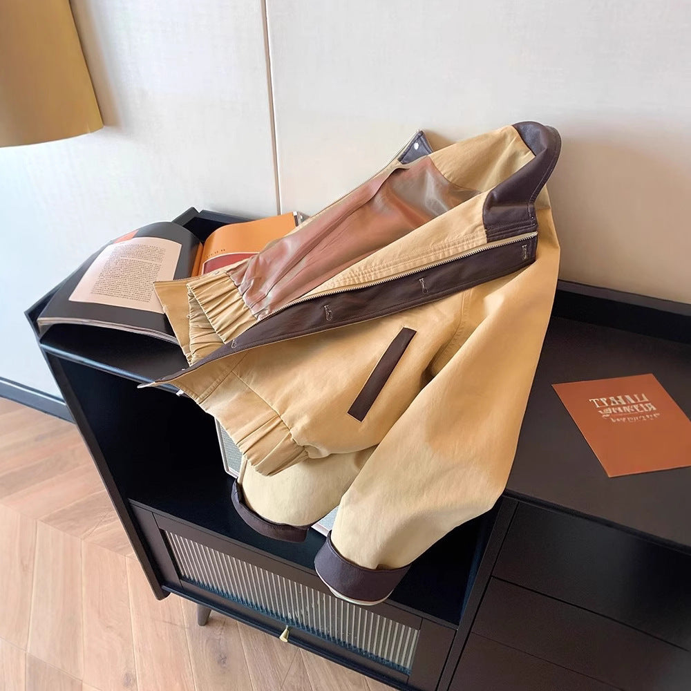 Leather Patchwork Stand Collar Jacket